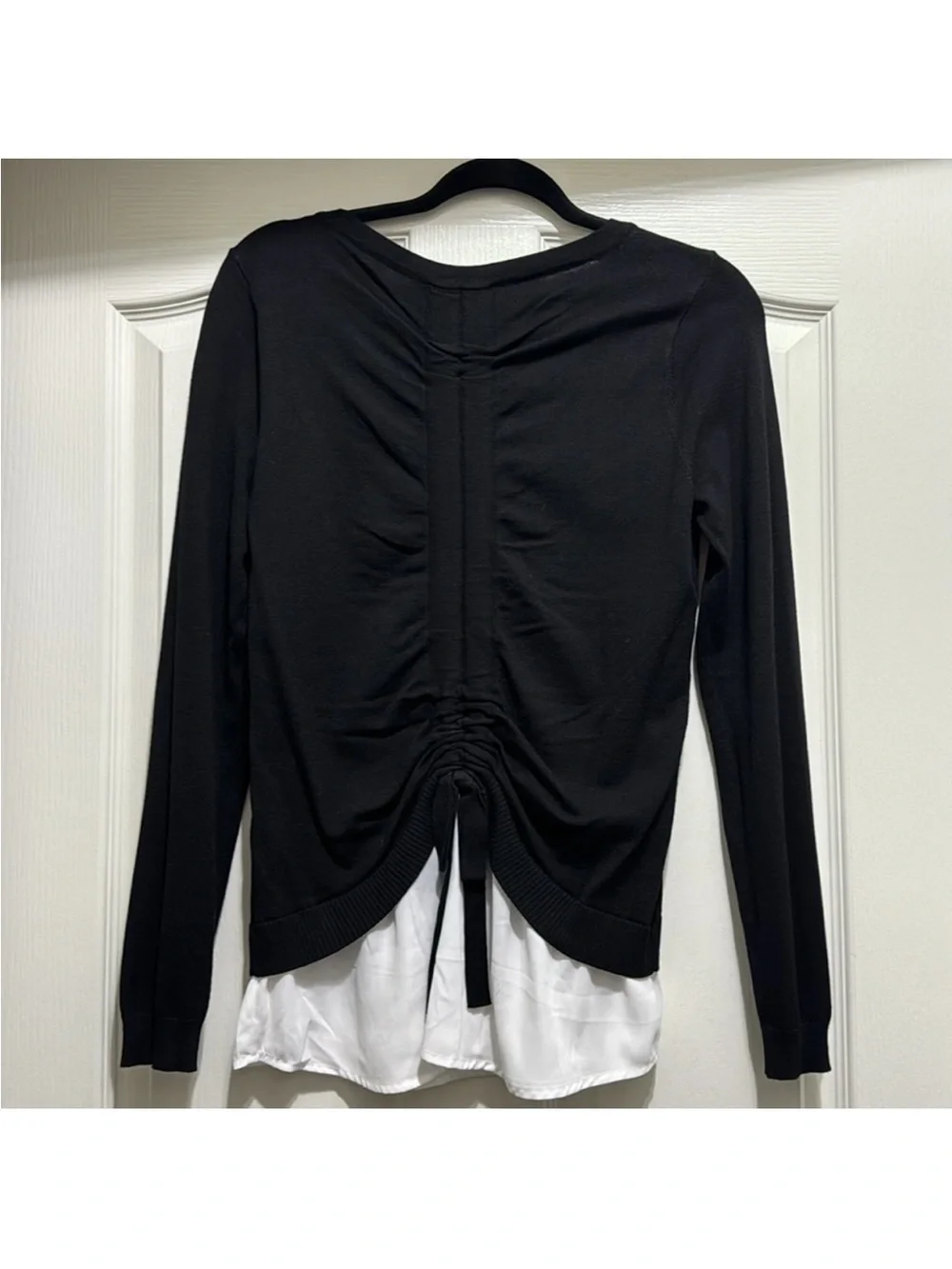 Black Layered Look Long-Sleeve Top with Drawstring Back New
